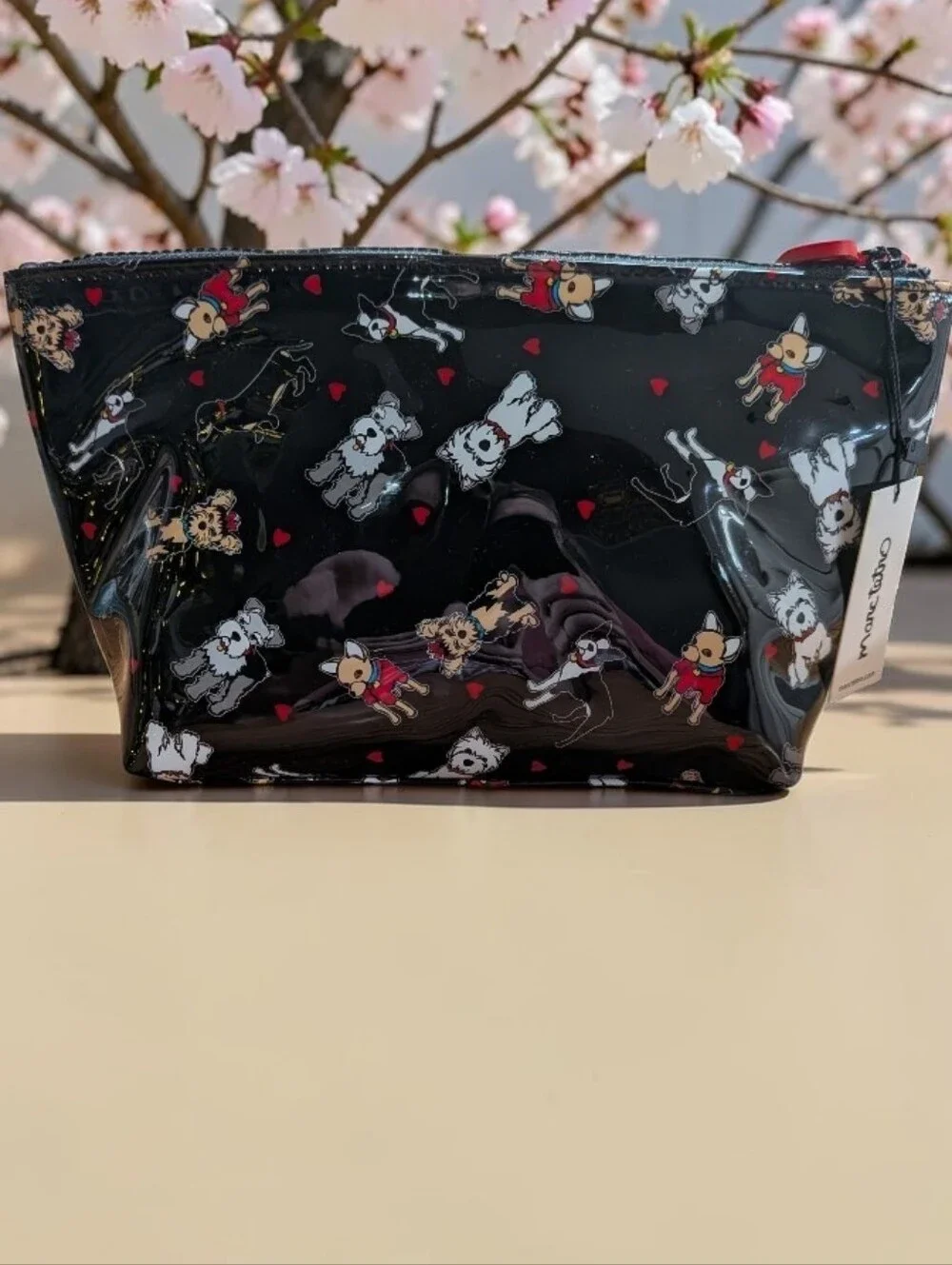 NWT Marc Tetro Black Patent Vinyl Cosmetic Pouch with Dog Print